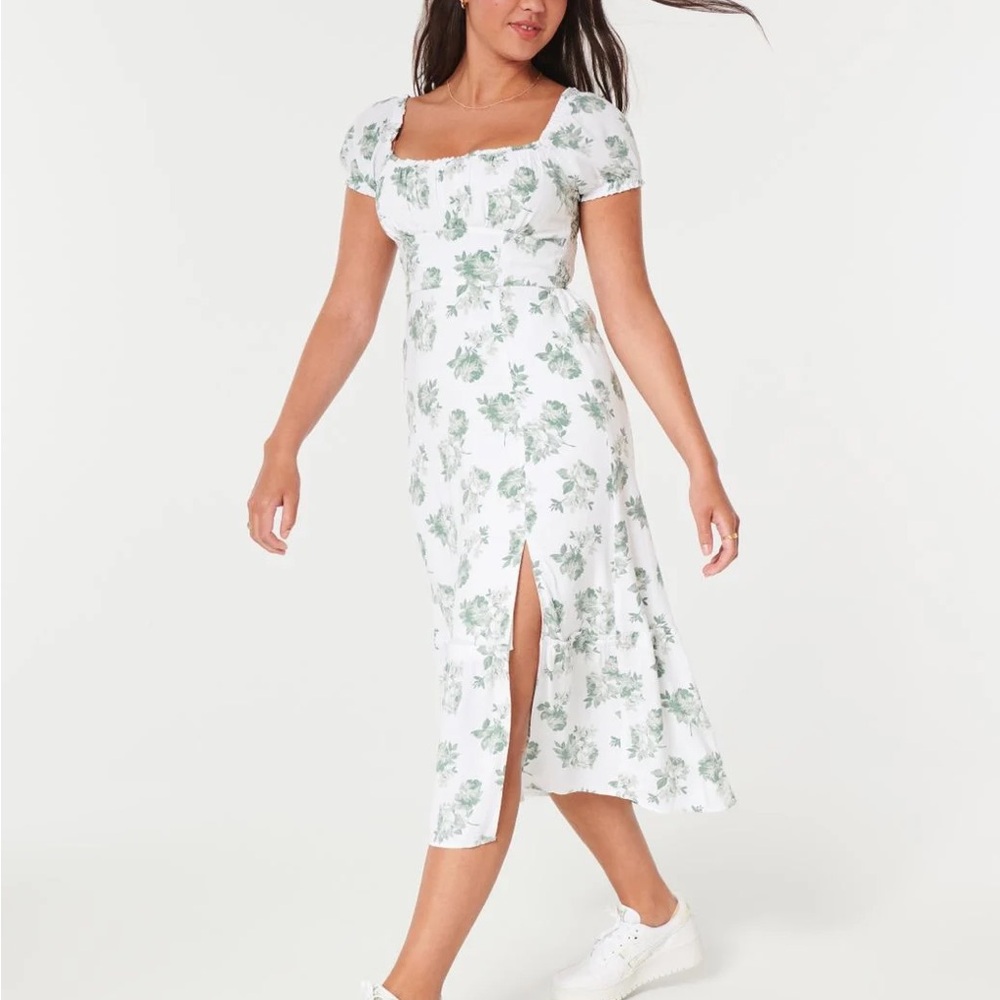 Hollister White and Green Floral Midi Dress